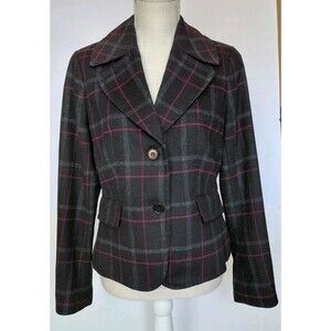 Talbots Black/Fuscia Plaid Wool Blend Lined 2-Button Dress/Casual Blazer Size 8